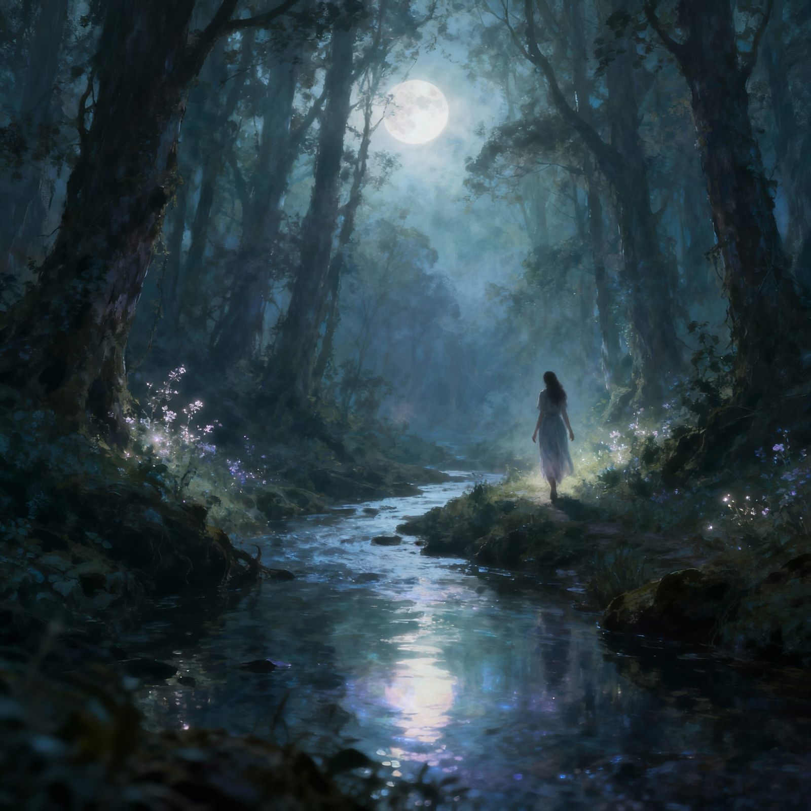Woman Walks Through Ancient Forest Stream