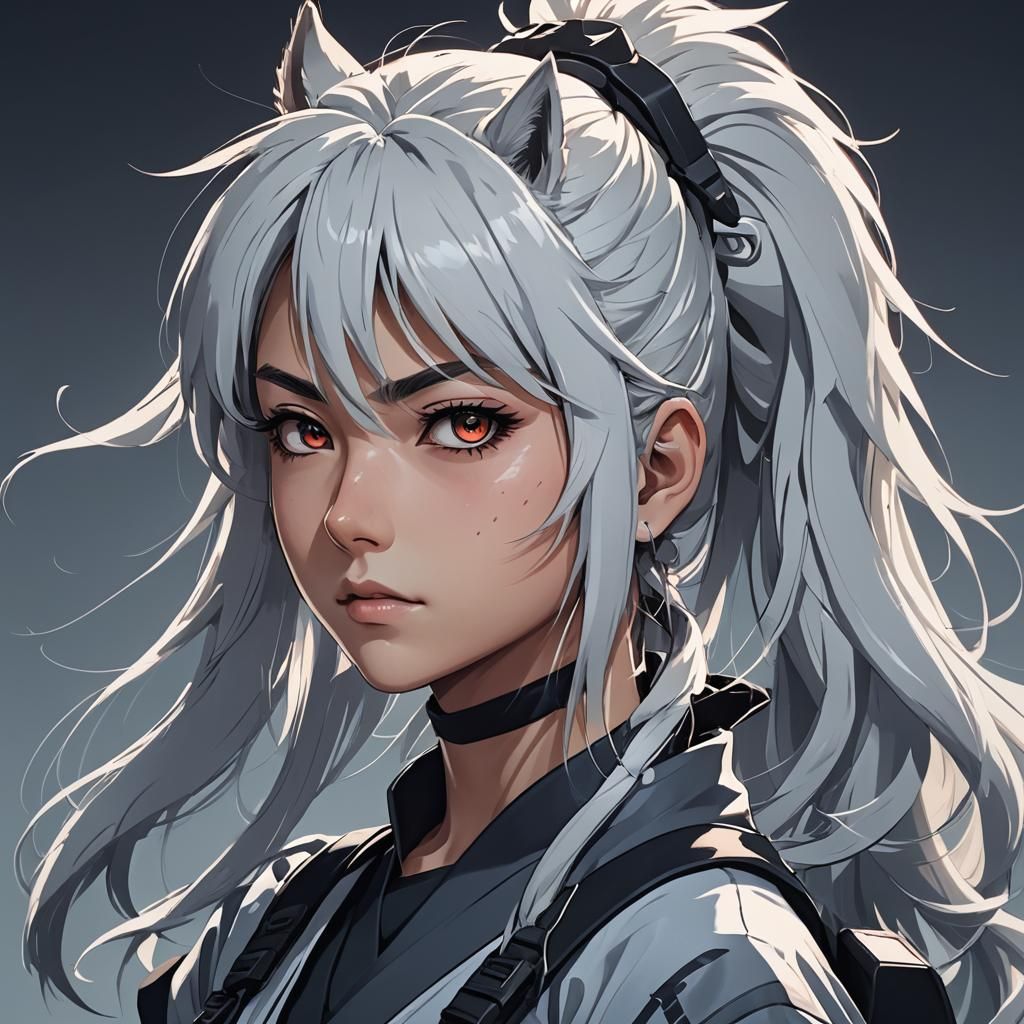 Anime Wolf-Eyed Ninja Girl in Cel-Shaded Style