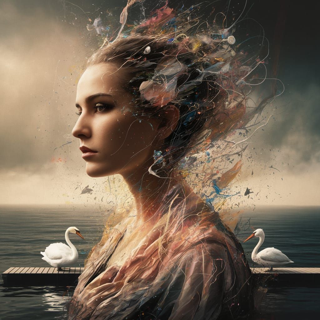 Surreal Noir Punk Scene with Swans and Pelicans