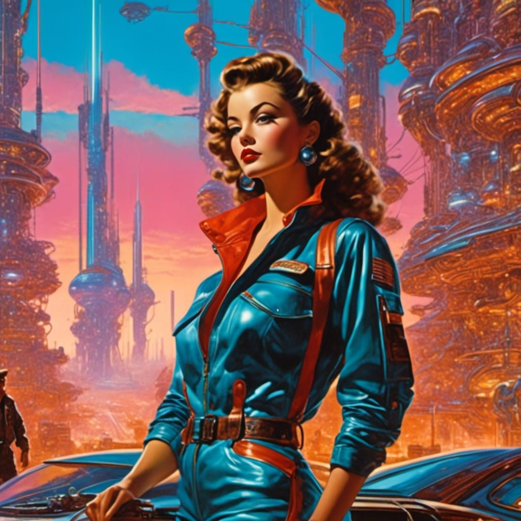 Atompunk Mechanic in Retro City, Pin-Up Style