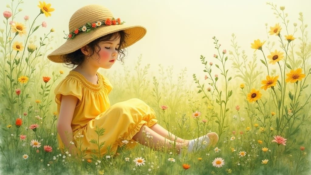 Girl in Meadow, Whimsical Art Nouveau Illustration