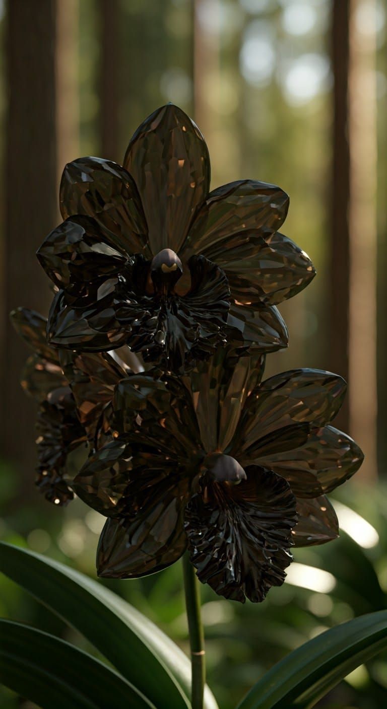 Crystal Orchids in Smoky Quartz: A 3D Render
