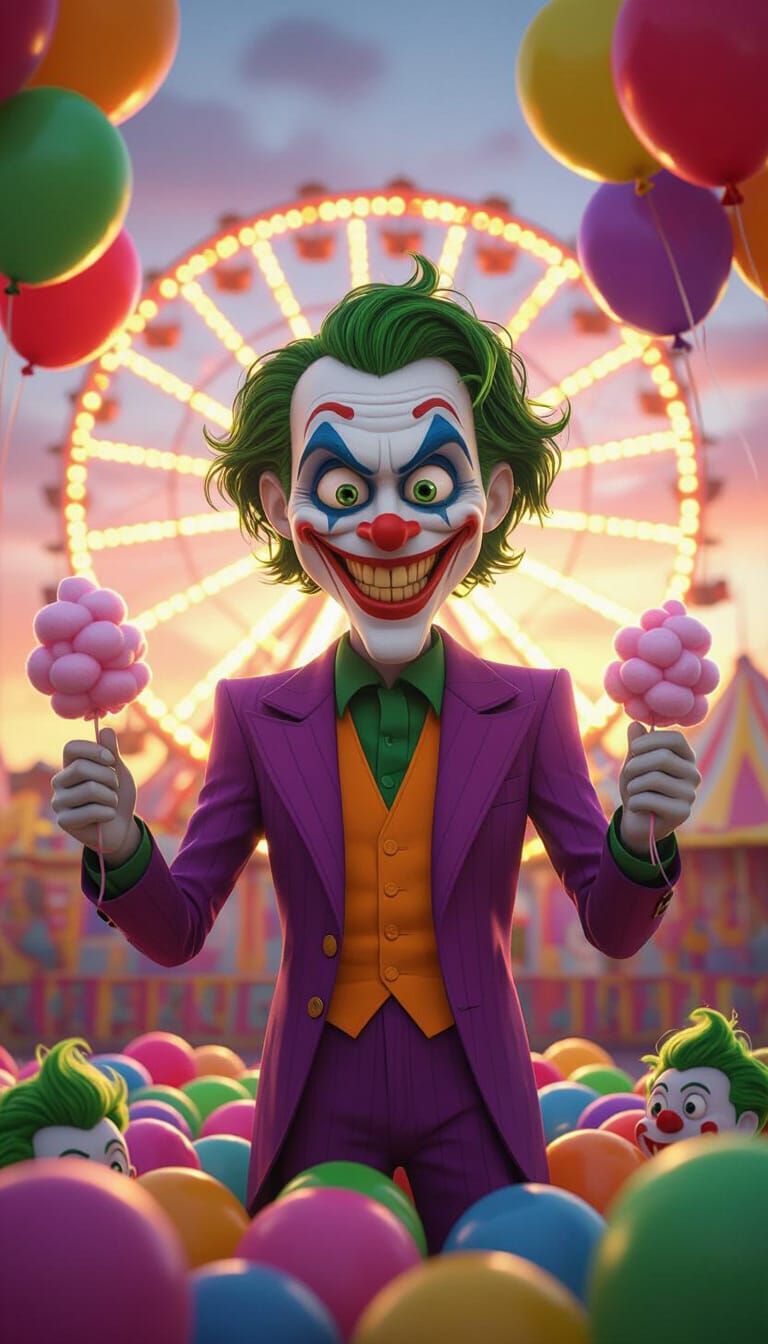 Pixar-Style Joker in a Whimsical Carnival