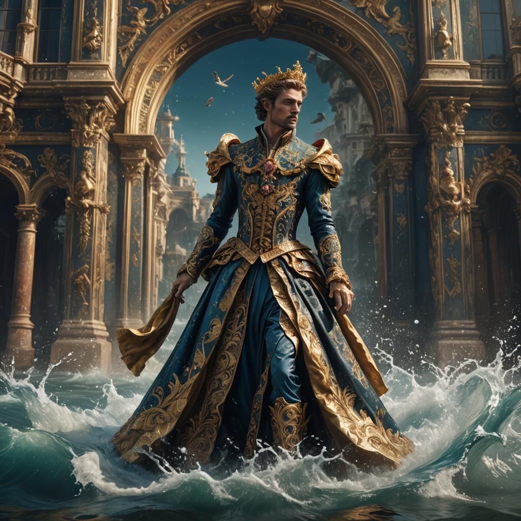 Baroque Man Emerges from Water in Dress