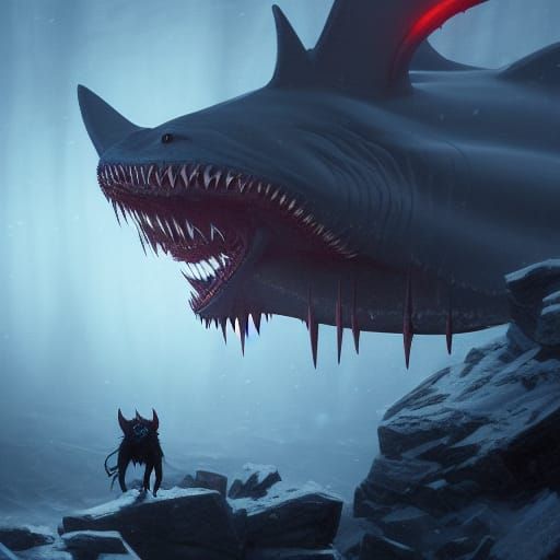 Demonic Shark and Dog in Winter: Dark Fantasy Art