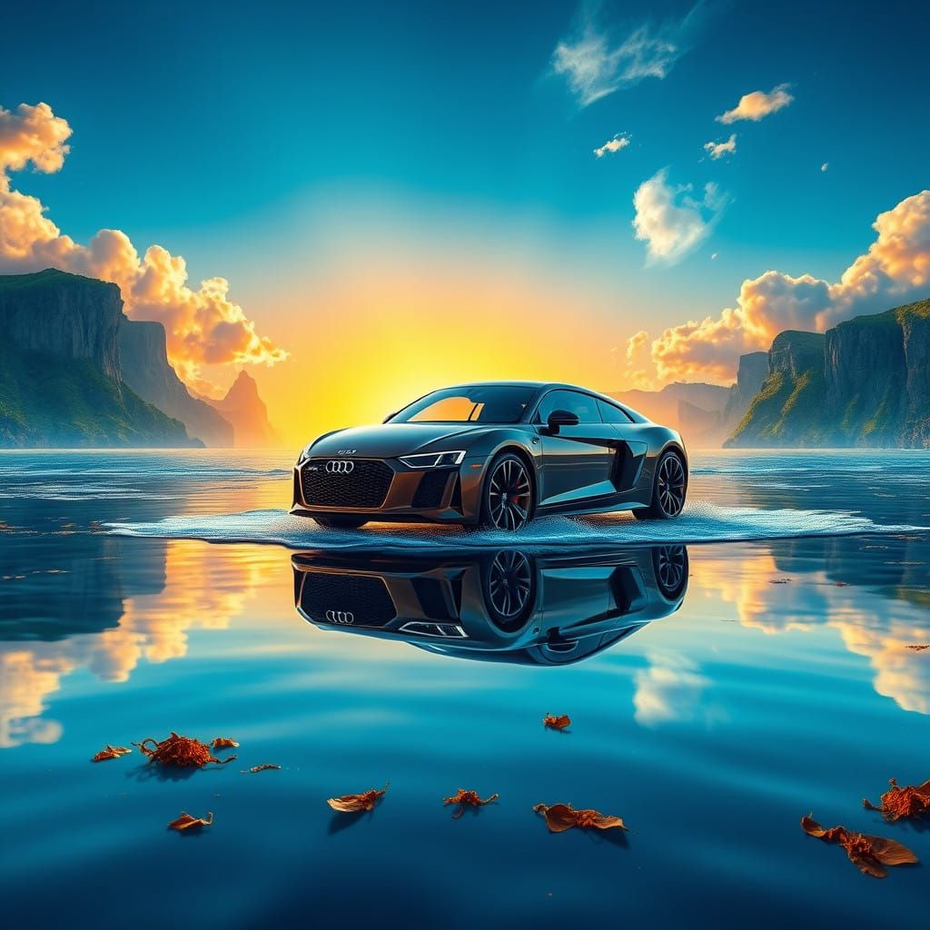 Luxurious Audi Car Glides on Tranquil Oceanic Horizon
