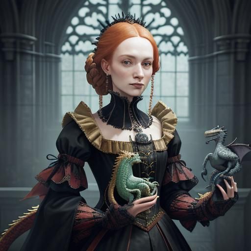 Elizabeth I with Dragon in Gothic Interior