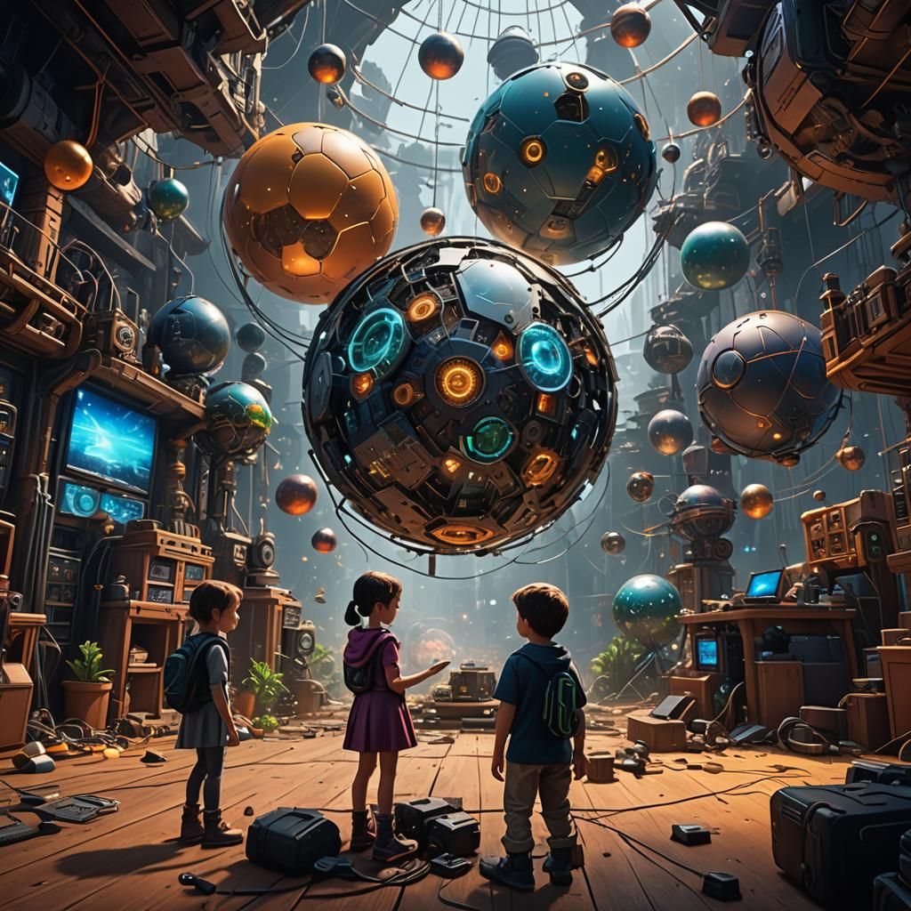 Child Builds Tech World: Detailed Matte Painting