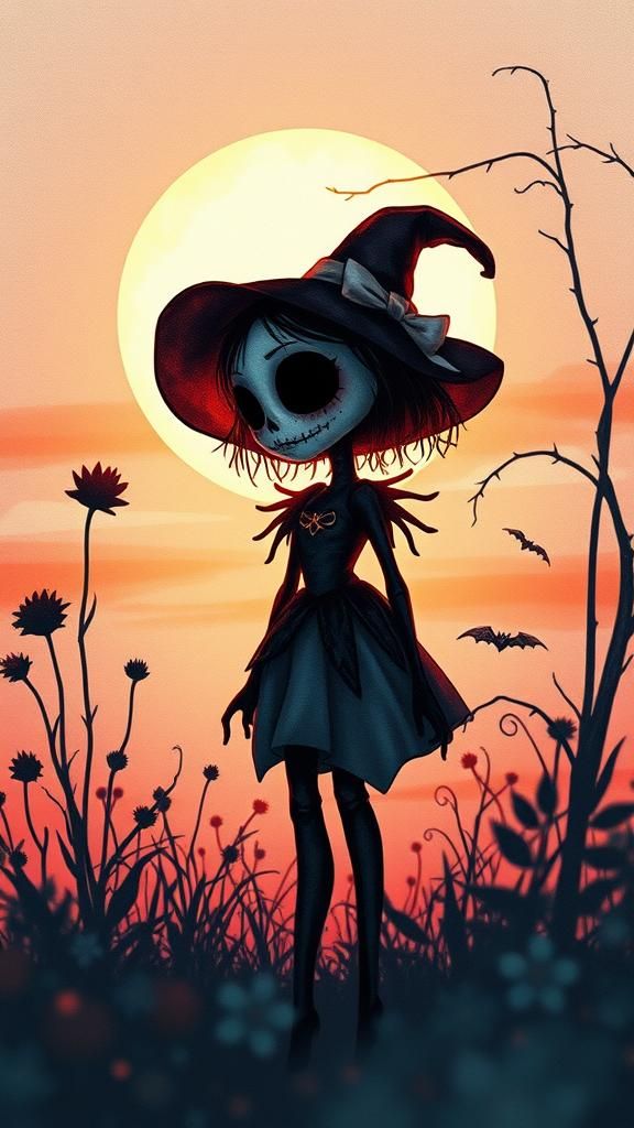 Adorable Halloween Doll in Watercolor Silhouette