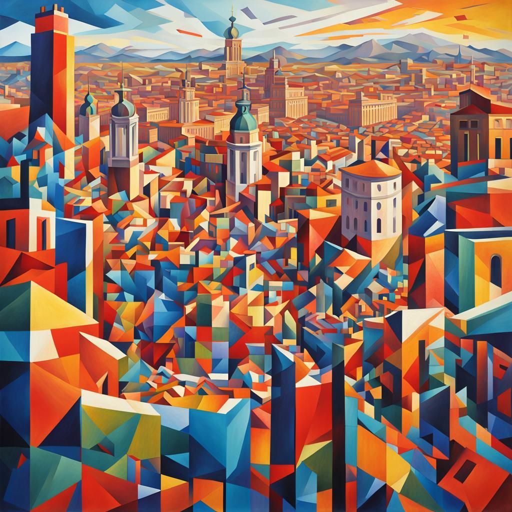 Cubist Madrid Cityscape Emerging From Spain Map