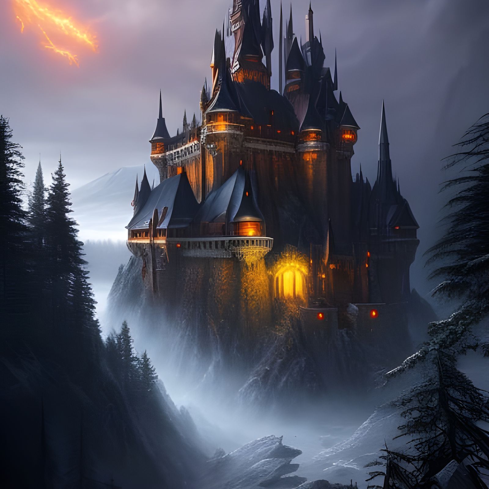 Orc Castle in Misty Mountains: Dark Fantasy Concept Art