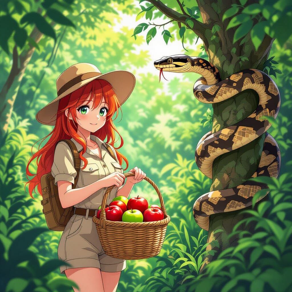 Anime Lady with Anaconda and Apples, Makoto Shinkai Style