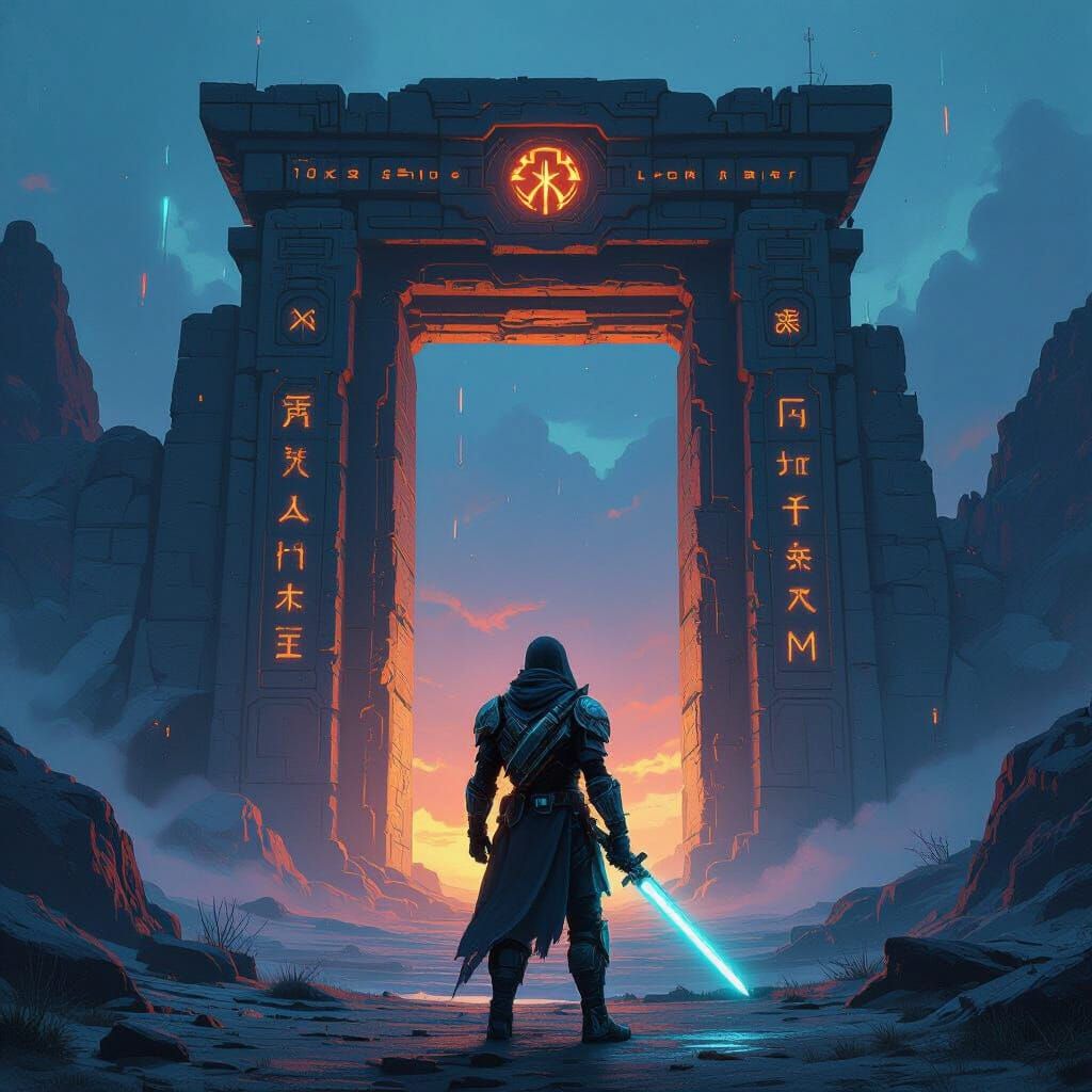 Futuristic Warrior at Ancient Alien Gate