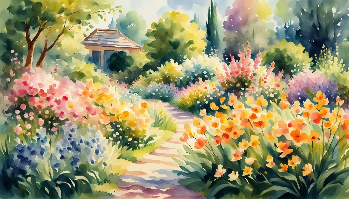 Impressionist Garden Scene with Delicate Watercolor Details