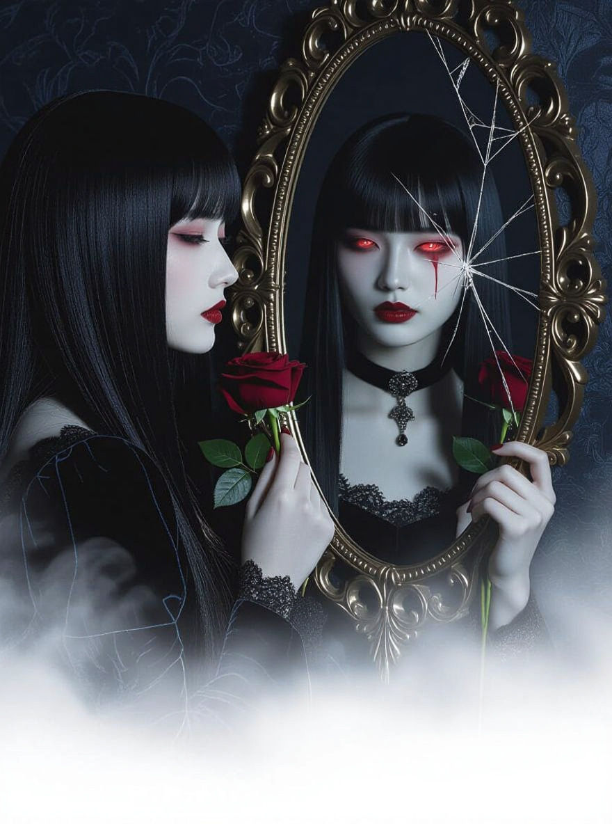 Gothic Beauty's Mirror: Serene Face, Malevolent Reflection