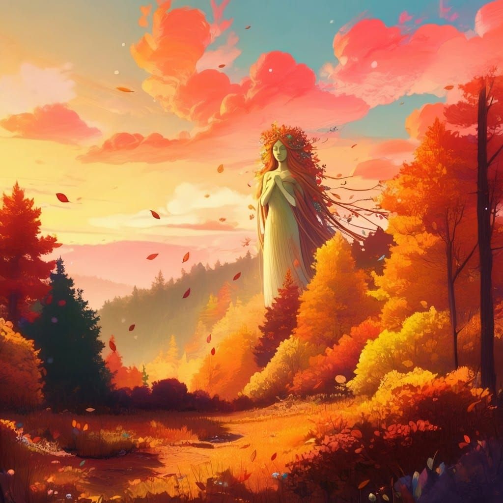 Vibrant Autumn Forest Landscape with Mother Earth