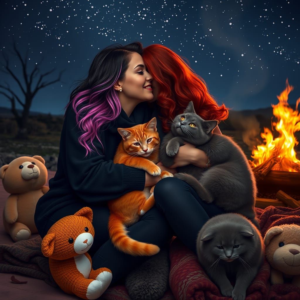 Intimate Campfire Kiss Under Starry Night Sky