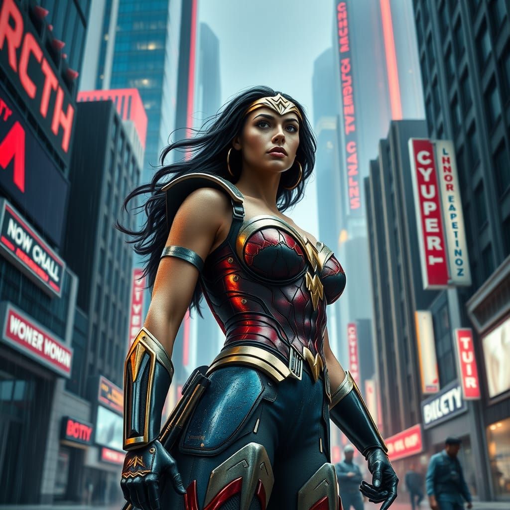 Wonder Woman in Cyberpunk City, 3D Render