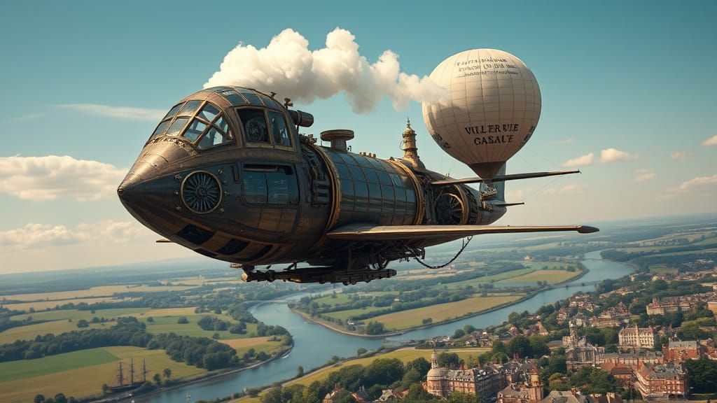 Steampunk Dog-Shaped Aircraft Over English Countryside