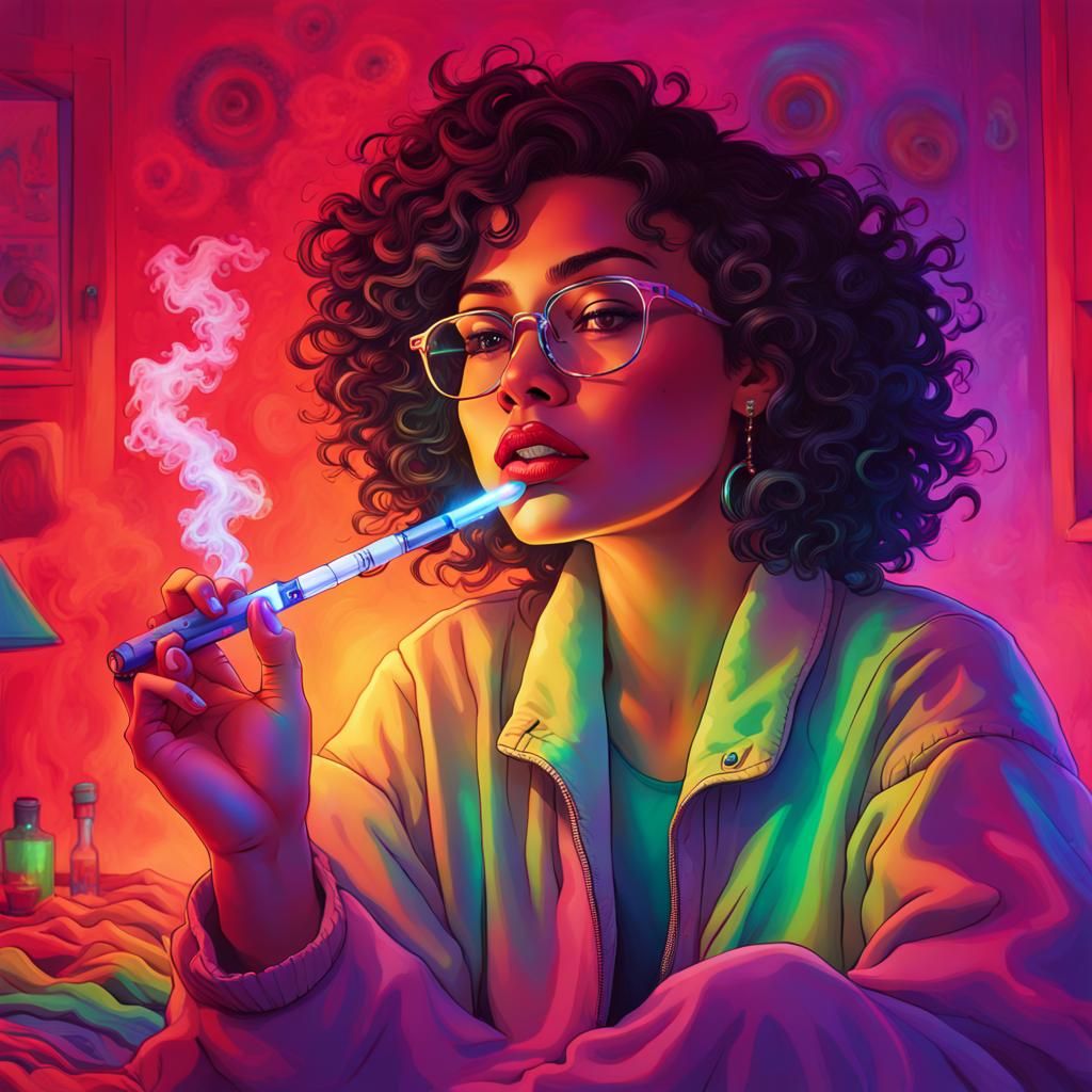 heavy latina female wearing glasses with short curly hair sitting on bed smoking an "oversized crystal clear vape pen" w...