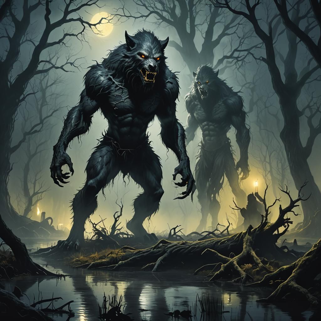 Werewolf in Misty Swamp: A Dark Fantasy Illustration