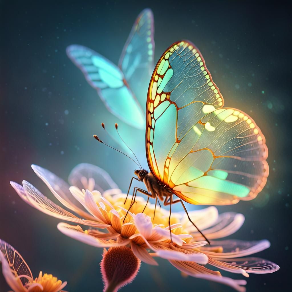 Fluorescent Butterfly on Iridescent Flower, Hyperrealistic D...