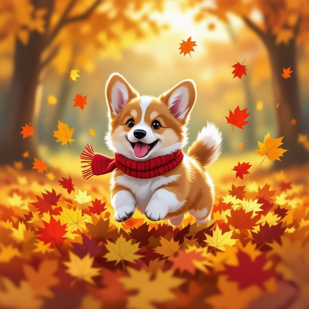 Fluffy Corgi Puppy Leaps into Autumn Leaves