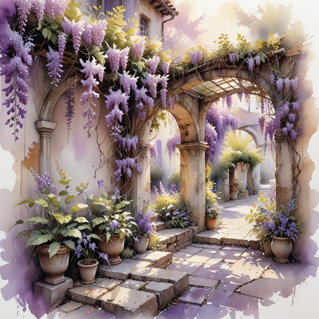 Wisteria Arbor in Spring Courtyard Watercolor