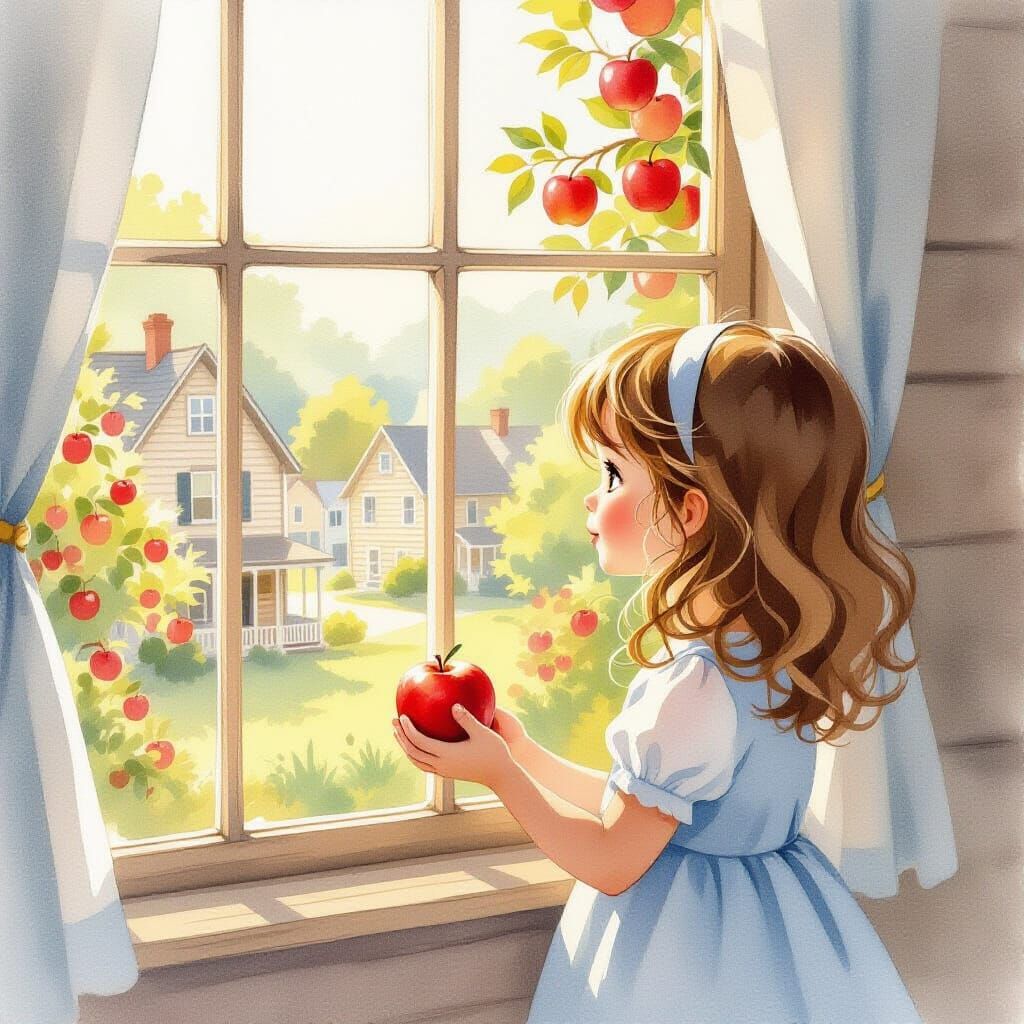 Watercolor Children's Illustration of Amara with Apple
