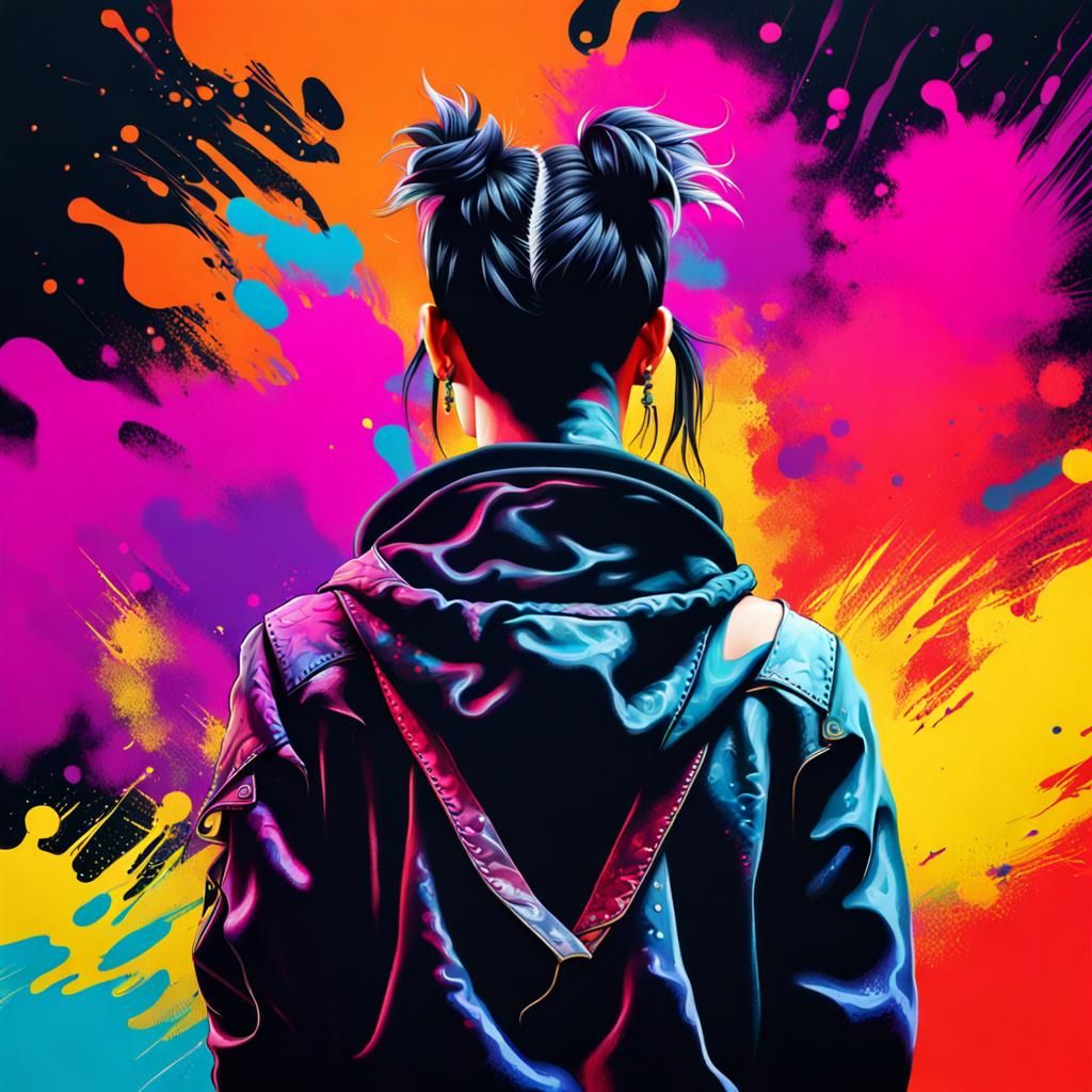 The girl with the Dragon Tattoo, back view, artistic portrait, ultra-realism 4K, Vibrant Neon colors splash background.