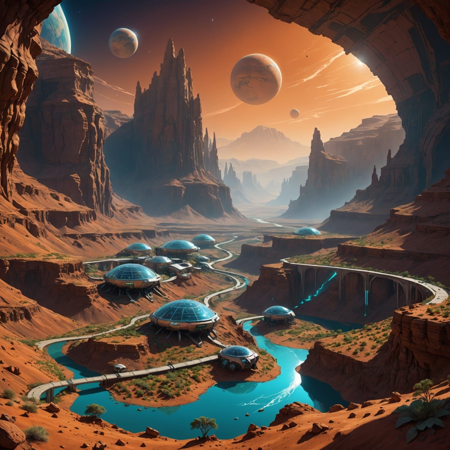 Terraformed Martian Canyon With Luminescent Flora and Habita...