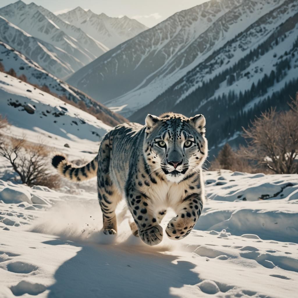 Snow Leopard Chase in Winter Landscape