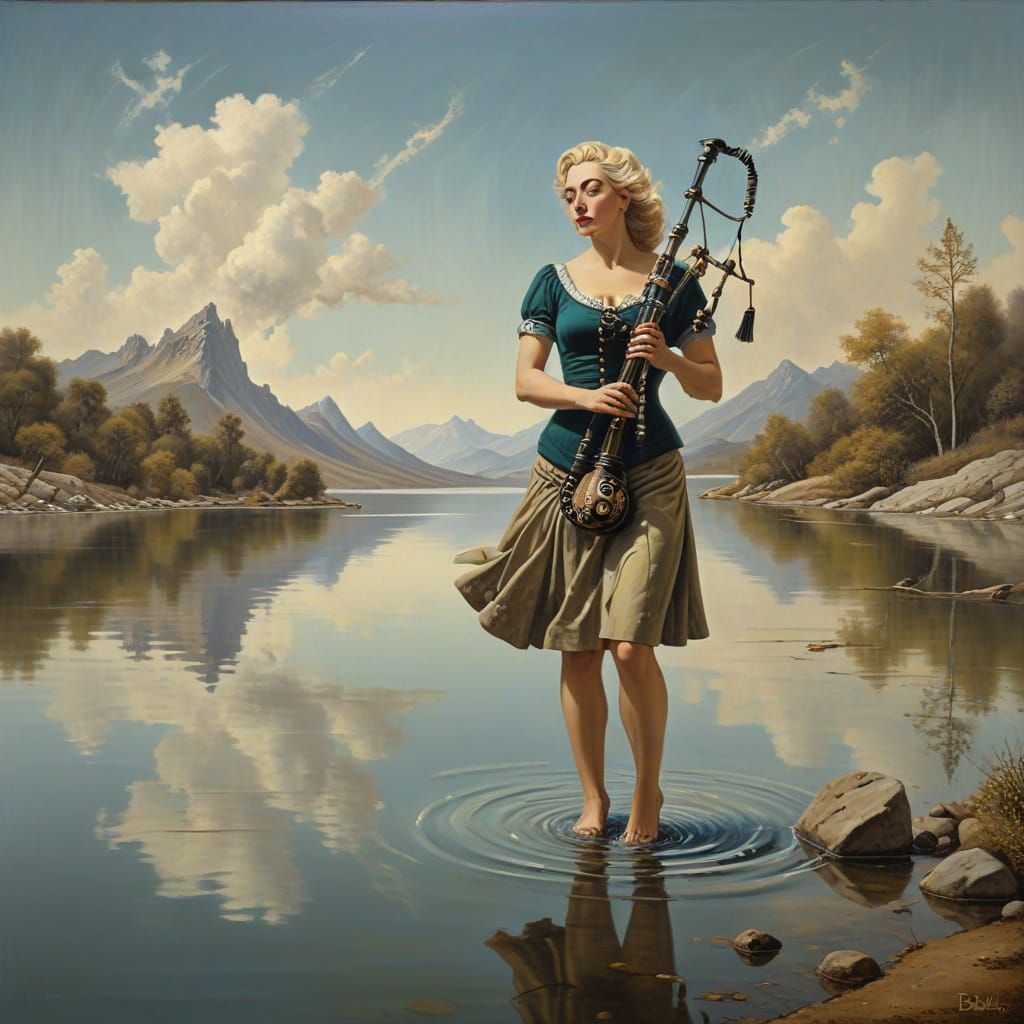 Surrealist Goddess of the Lake Plays Bagpipes in a Melting W...
