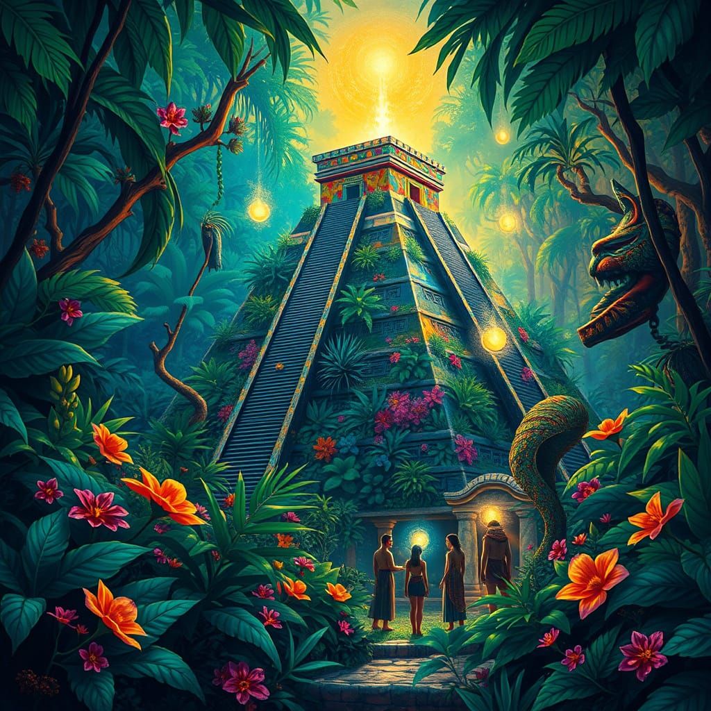 Vibrant Emerald Jungle Envelops Majestic Mayan-Aztec Pyramid...