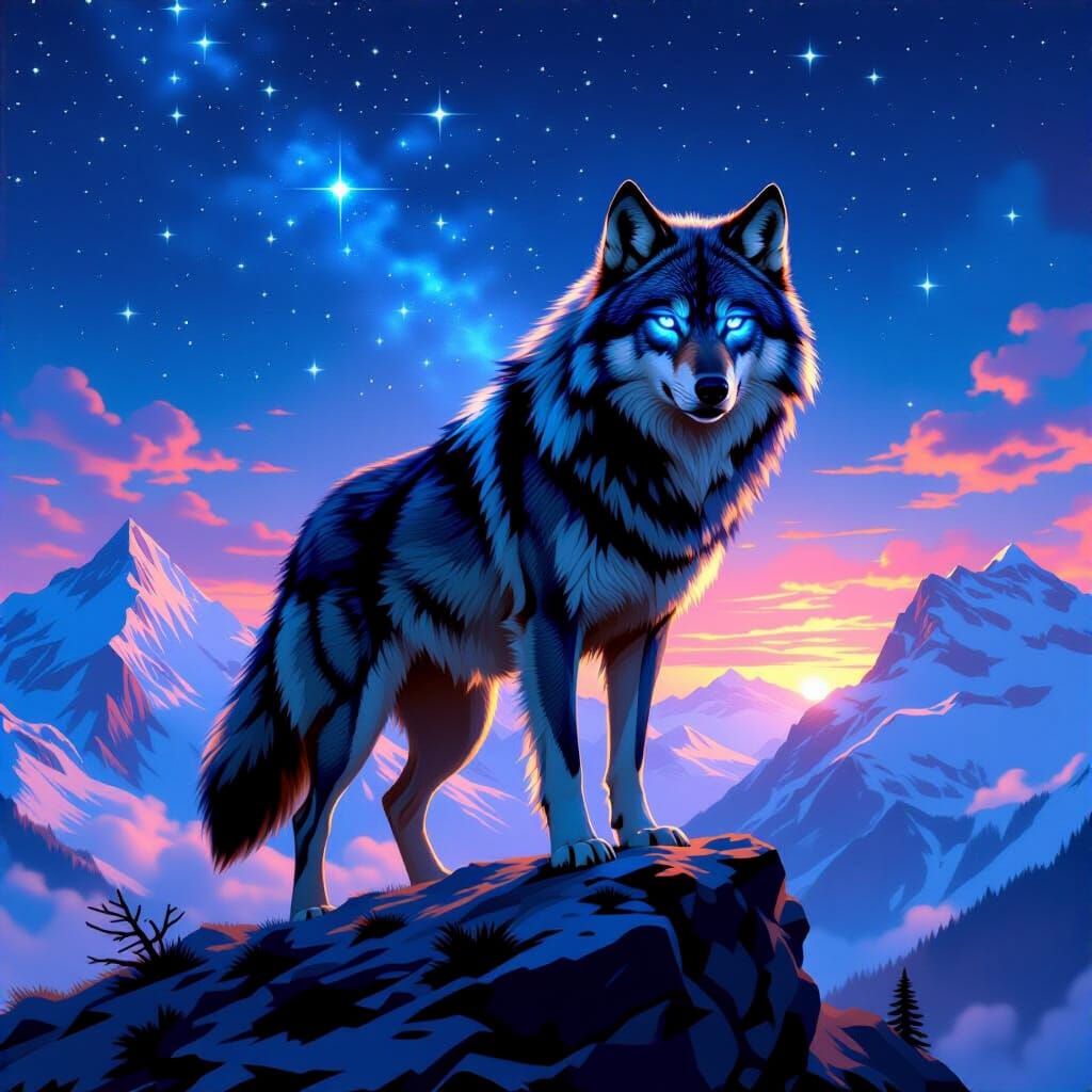 Majestic Wolf on Mountain Peak Under Starry Sky