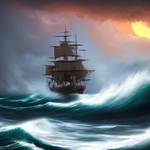 Stormy Seas: Ship Navigates Crimson Sunrise