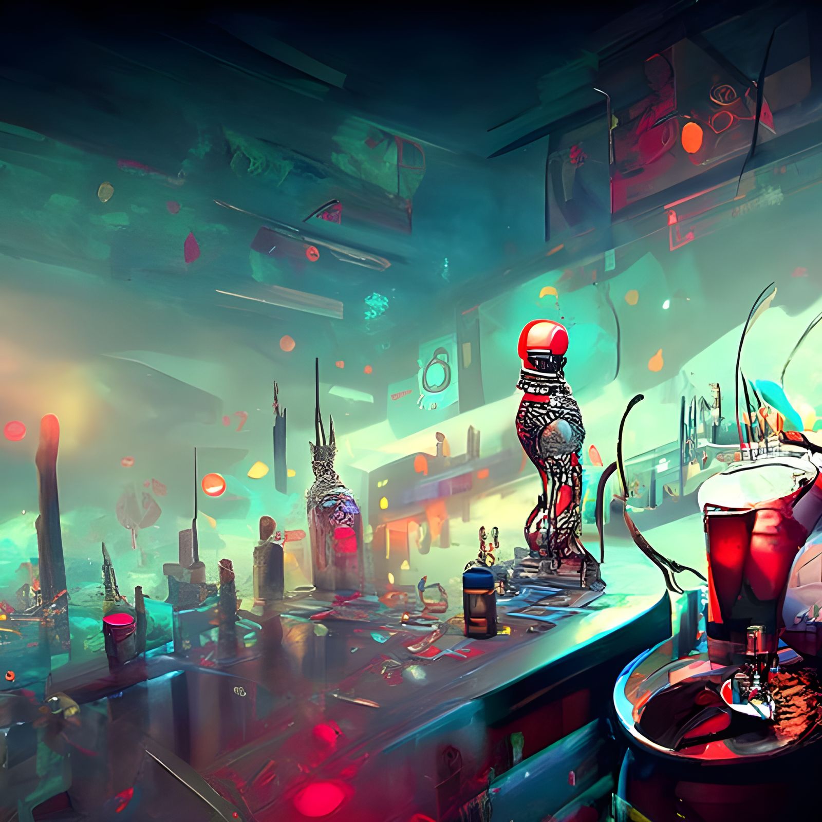 Robot Cat Plays Synth in Cyberpunk Bar