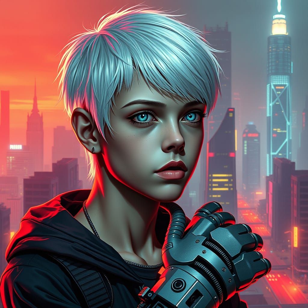 Teenager with Cybernetic Implants in Neon Noir Cityscape