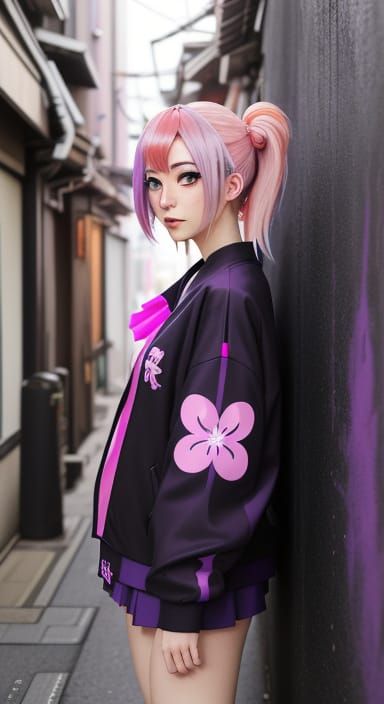 Anime Girl in Neon Alleyway with Sakura Blossoms