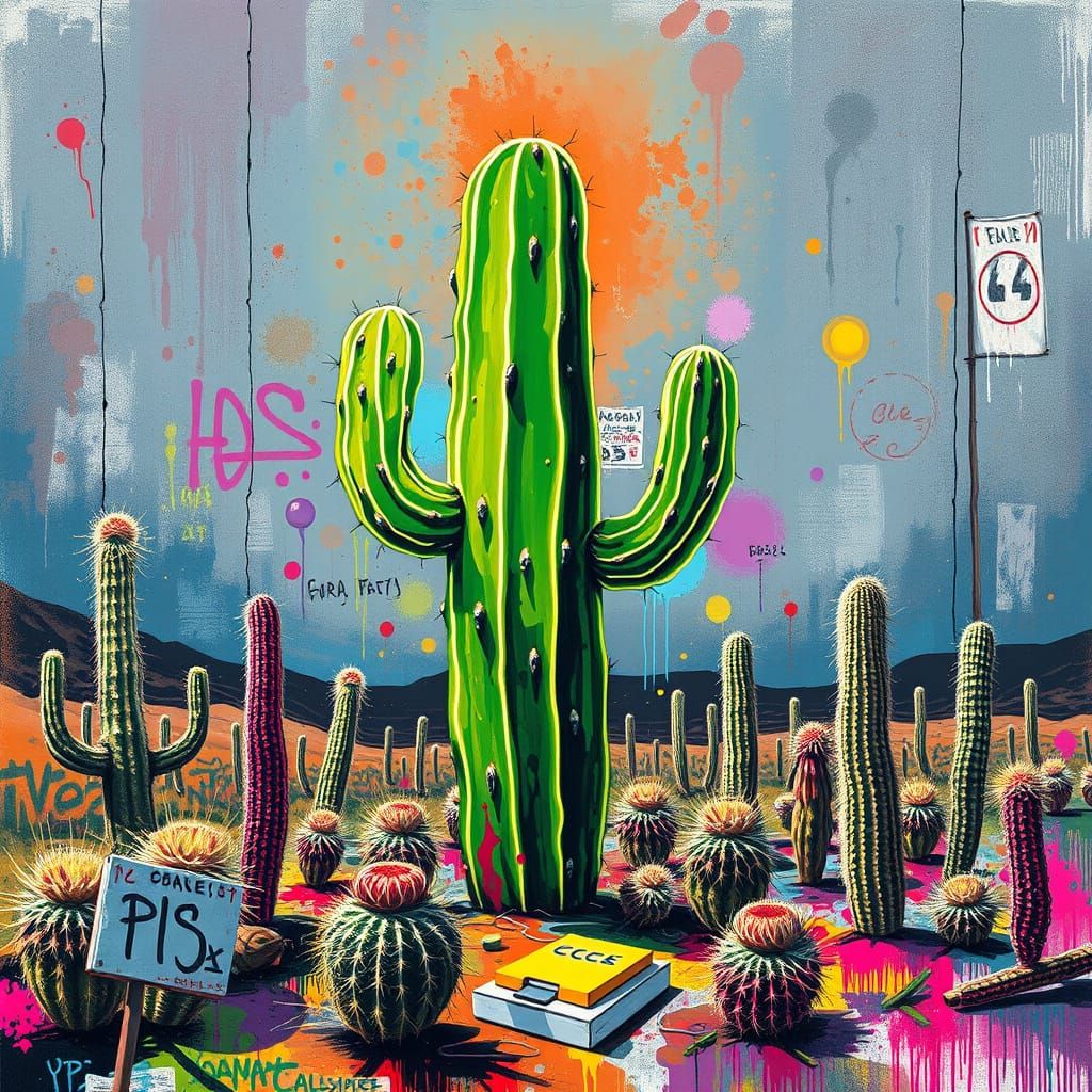 Neon Cactus Teaches Calculus in Vibrant Graffiti Style