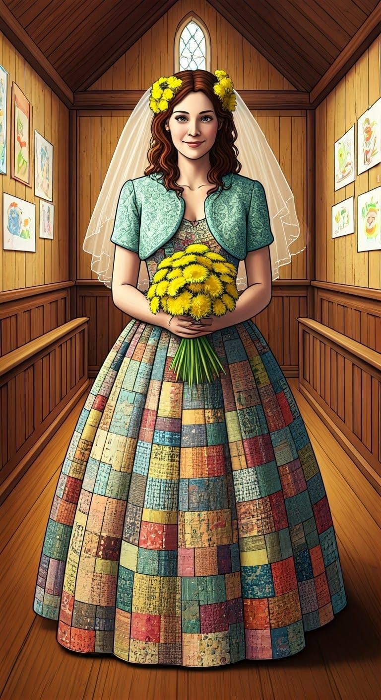 Patchwork Quilt Wedding Dress in Comic Book Style