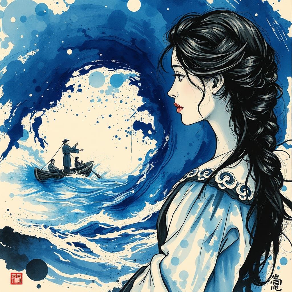 Woman by a Tempestuous Sea, in Abstract Ink Style