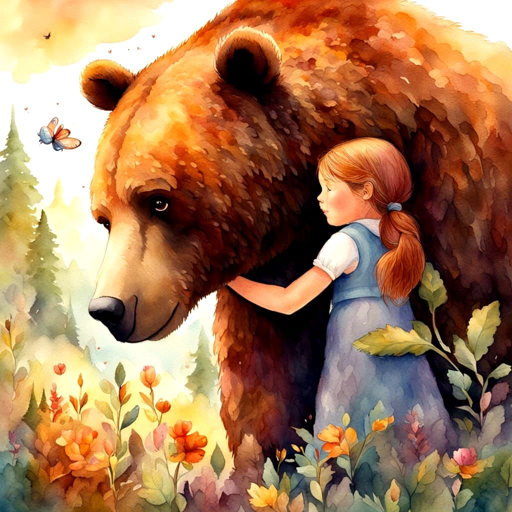 Girl Hugging Bear in Watercolor Storybook Style