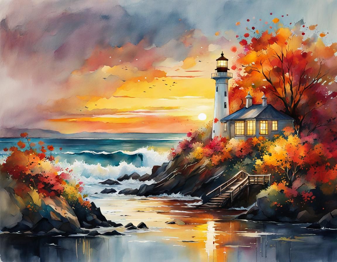 Autumn Lighthouse Watercolor Illustration at Sunrise