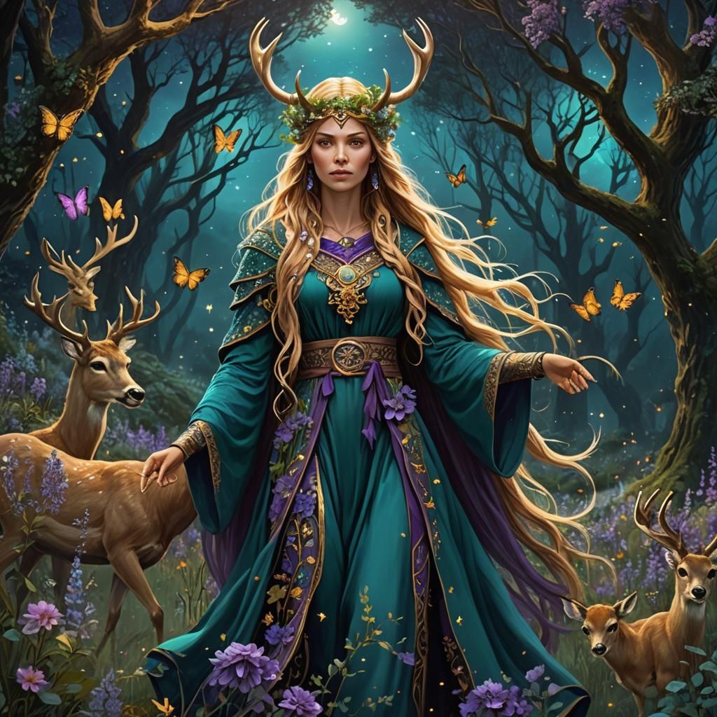 Viking Woman in Forest with Butterflies, Fantasy Art