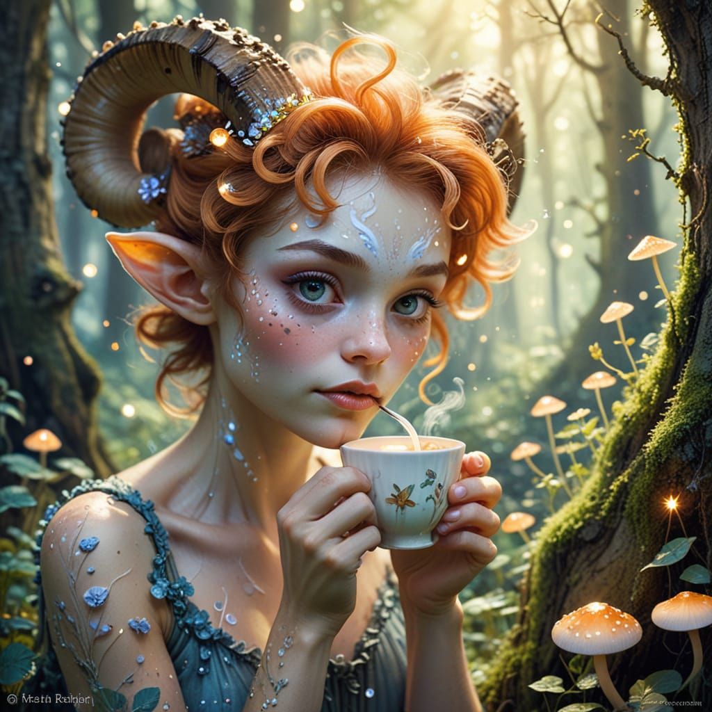 Faun Sipping Tea in Enchanted Grove