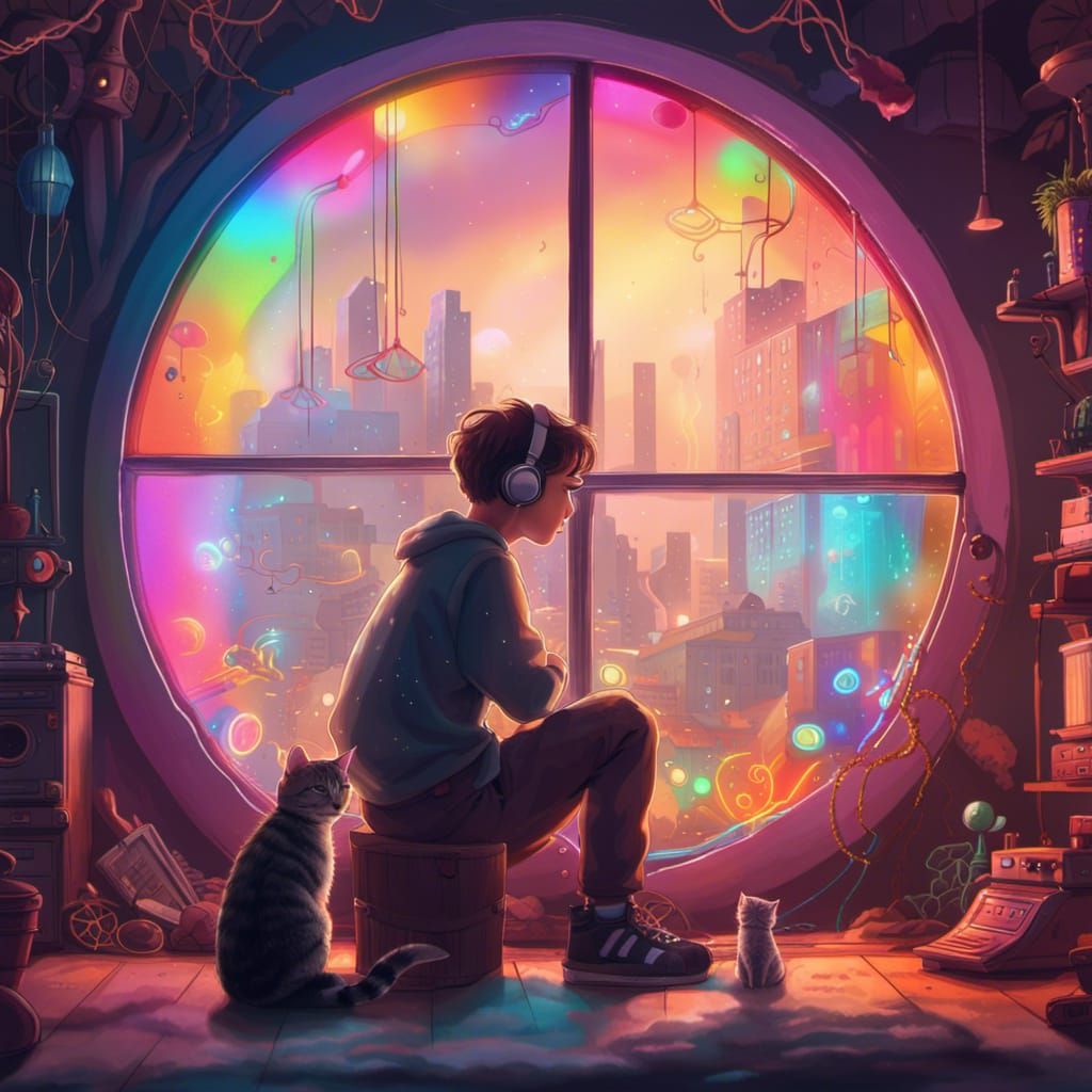 Lofi Boy and Cat in Rainbow Lit Room