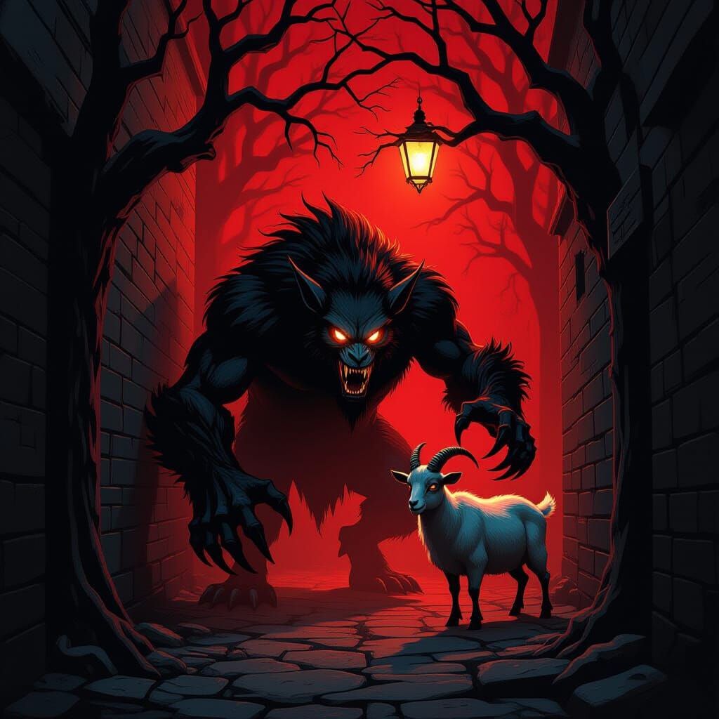 Dark Fantasy Creature Lurking in Spooky Forest Alley