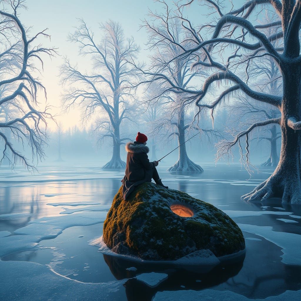 Winter Wonderland Fisherman in Hyper-Realistic Frosty Landsc...