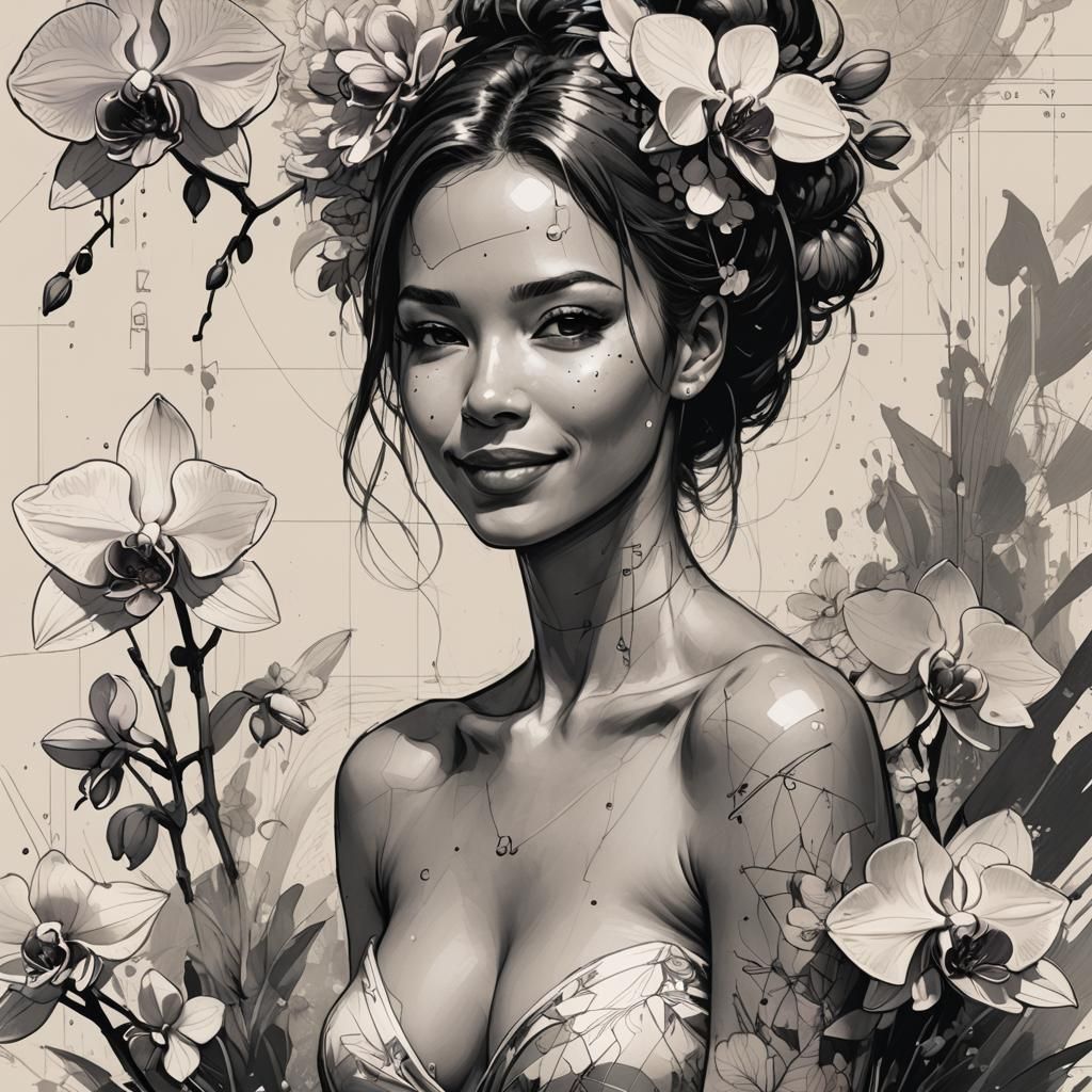 Orchid Nude: Technical Concept Art in Blueprint Style